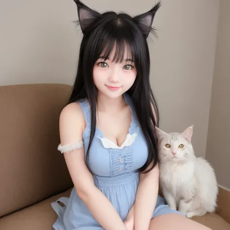 like Maine Coon、 human girl、cute girl、 will heal、 fluffy fur 。Solo sitting on a sofa and staring at her owner with kind eyes、Do a maneki-neko pose, smiles,  blue eyes, Blue Hair/Light Blue Hair, TOP QUALITY, Ultra Fine, Cat ears, 