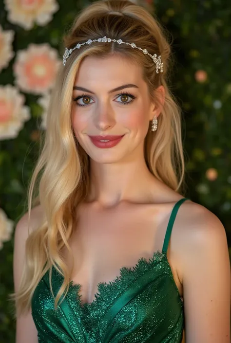 Realistic upper body portrait of one young  german blonde haired princesses aged 23, long hair, ponytail, crowne, necklace, smile. She poses in front of the camera in a green shiny silk Princessgown with straps..., Schöne Muster lm stoff, Weddingparty,glam...