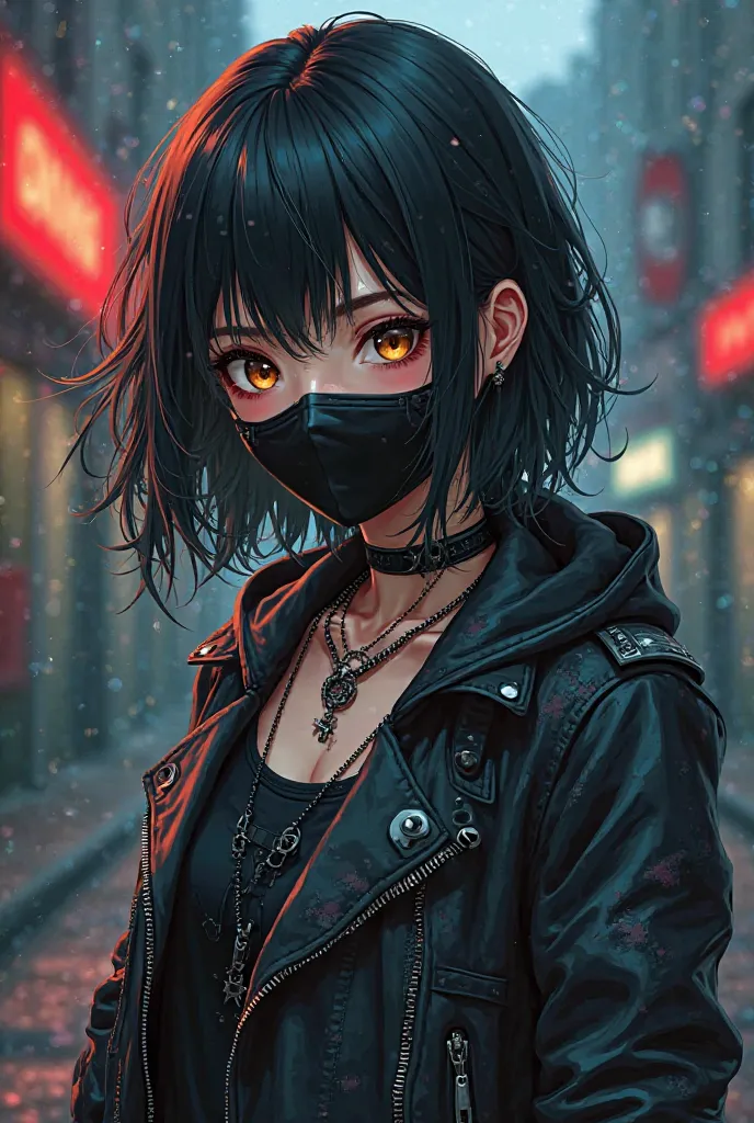 An anime girl with brown tea brown eyes and shoulder-length black hair dressed in a grunge style with a mask that covers her face