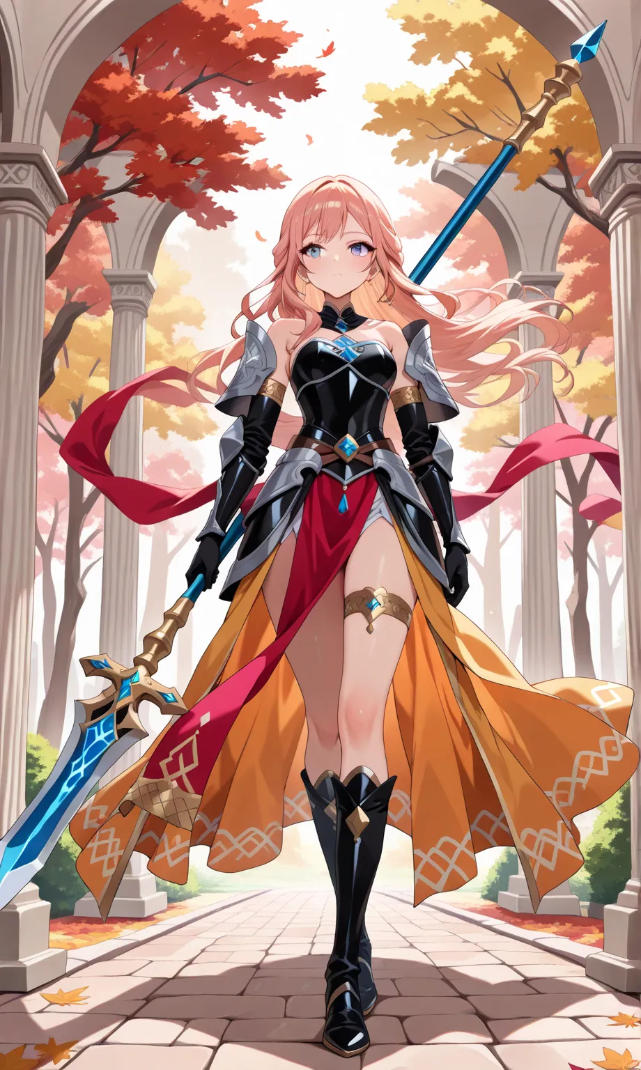 (((masterpiece, best quality, high detailed, 16k))) (1girl) A graceful figure dressed in armor made of fallen leaves, her hair flowing like the wind. The earthy tones of her outfit reflect the changing colors of the season. She holds a spear, and her eyes ...