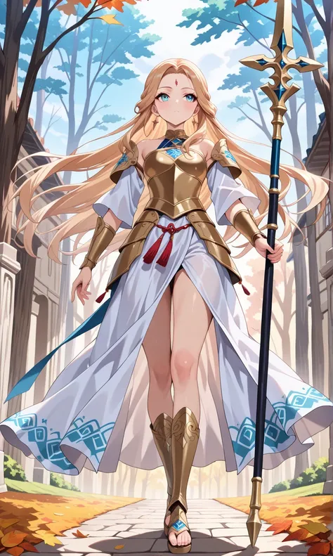 (((masterpiece, best quality, high detailed, 16k))) (1girl) A graceful figure dressed in armor made of fallen leaves, her hair flowing like the wind. The earthy tones of her outfit reflect the changing colors of the season. She holds a spear, and her eyes ...