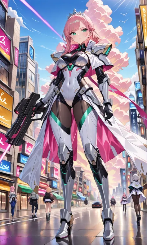 (((masterpiece, best quality, 16k)))A sleek and modern artwork of a cyberpunk female character in a high-tech, futuristic cityscape. The full-body view reveals her clad in black and silver clothes, featuring armored boots, a chestplate, and ornate shoulder...