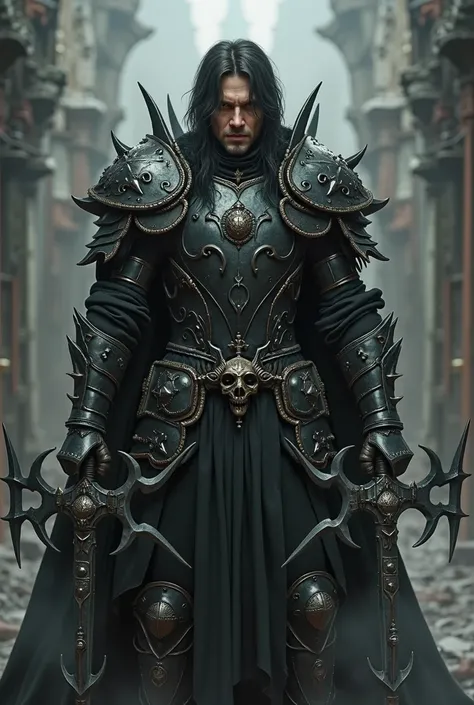 Warrior in his 30s.
 black hair . 
BLACK Gothic armor with metal spikes and religious symbols.
 wielding a morningstar and a longsword.
Without a helmet . 