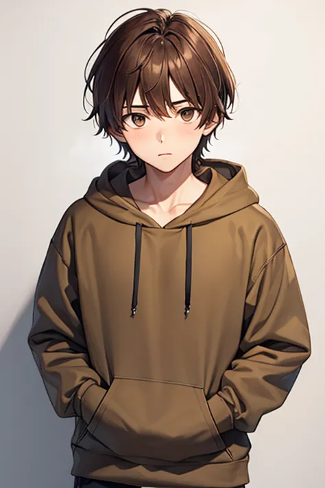 a 18 year old boy, brown hair, brown hoodie