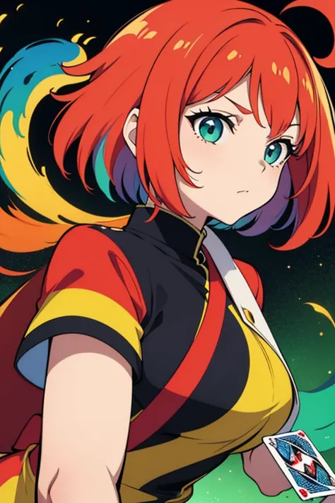 A vibrant and energetic anime-style female character, anthropomorphizing the UNO card game. She embodies the Wild Card, changing the game with her bold and unpredictable nature. She has multicolored gradient hair (red, blue, yellow, and green, reflecting U...