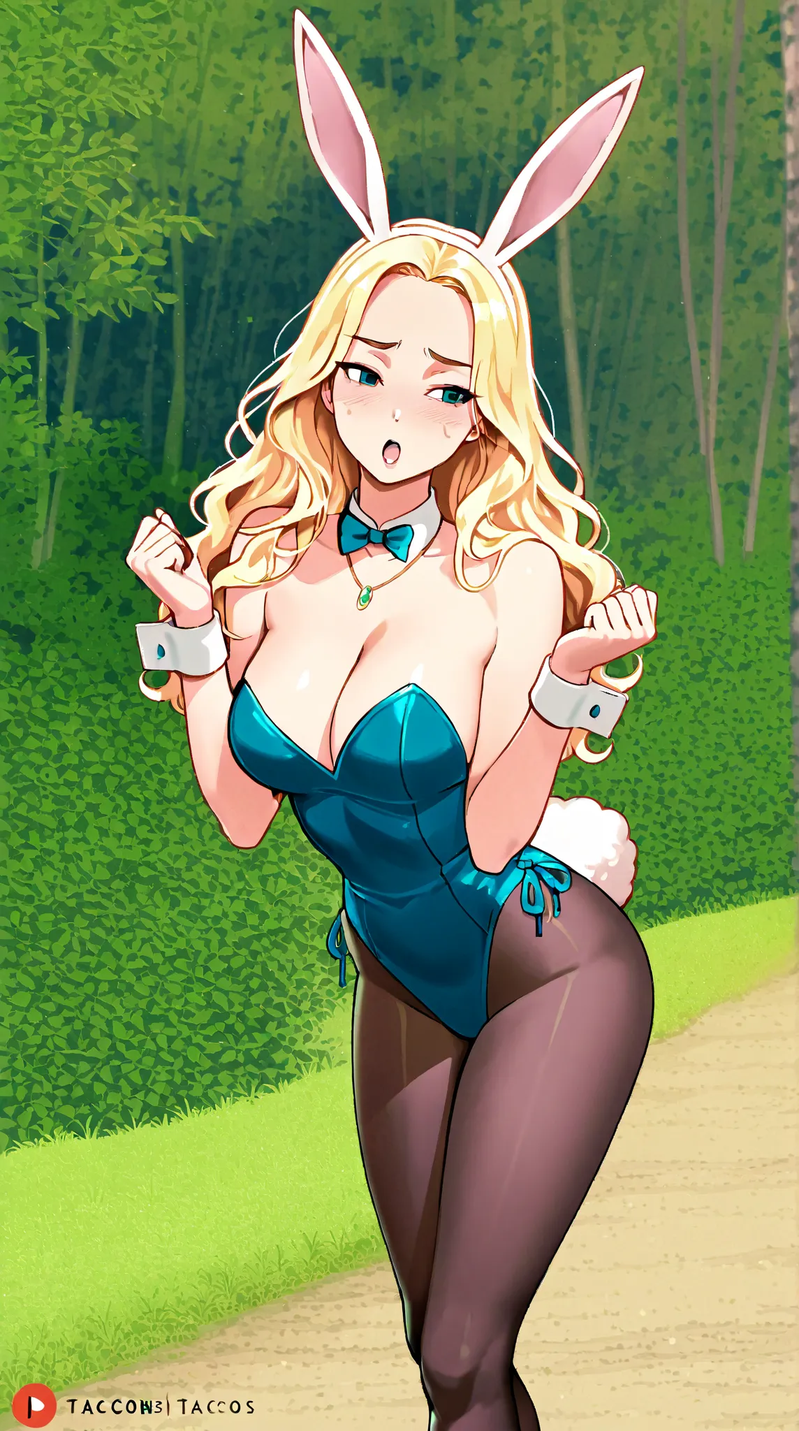  A blonde woman dressed in a bunny costume .  This costume usually consists of a strapless bodysuit ,  rabbit ears ,  a necklace with a bow tie , fists,  and a fluffy tail . pantyhose stockings , tacones altos. I have long ,  wavy hair .  Her facial expres...