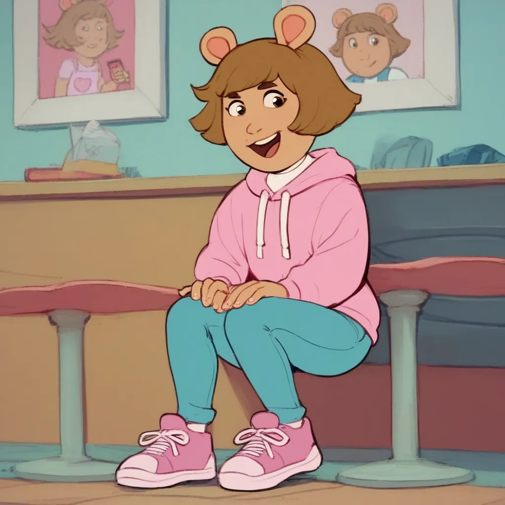 score_8, score_9, 1girl, d.w, short hair, brown hair, animal ears, pink sweatshirt , blue pants pink shoes 