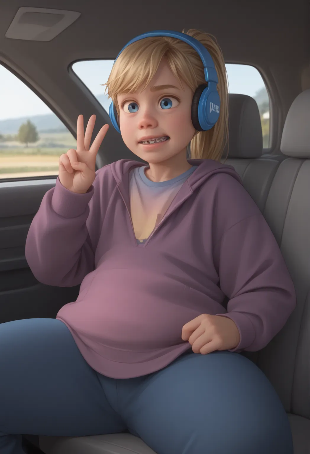 score_9, score_8_up, score_7_up, score_6_up, score_5_up, score_4_up, fat'; obese' for her size', ri_ley2, 1 girl, ponytail, blond hair, 'in a car', headphones, 'peace sign', 'selfie', braces, best qualityer, no flaws, active’ reflex' of response toward’ ot...