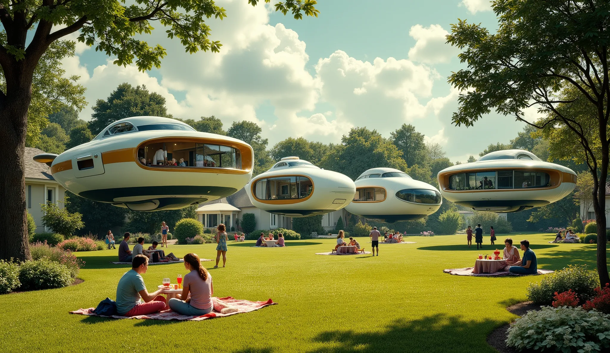 A suburban neighborhood in the 1950s with floating houses and flying cars, families enjoying picnics in perfectly manicured lawns, retrofuturistic photographic, realistic, hyper-detailed, 