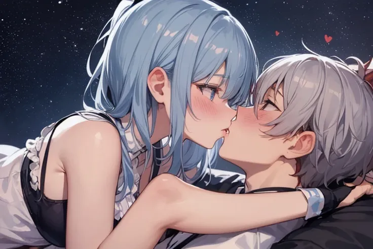 A man and woman lie down and embrace each other while kissing, with the starry sky in the background. The woman with light blue hair and twin tails on top has hearts in her eyes as she forcefully strips the short-haired man on the bottom and kills him with...