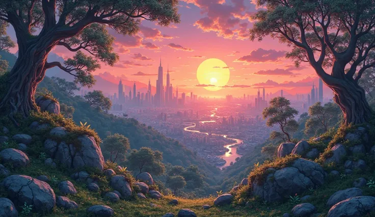 High detail, high definition, High quality,  nature, Holmy, City in the background, Sunset, anime,  Anime style, 