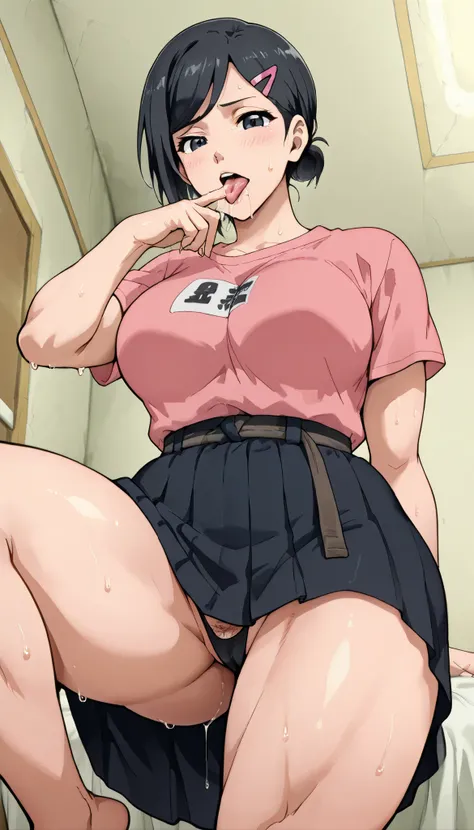 masterpiece,best quality,amazing quality, sakamoto aoi,black hair,black eyes,hairclip,single sidelock,   1girl, solo, shirt, sweatdrop, indoors, short sleeves, pink shirt, t-shirt, long loose skirt, thong, large breasts, thick muscular thighs, curvy hips, ...