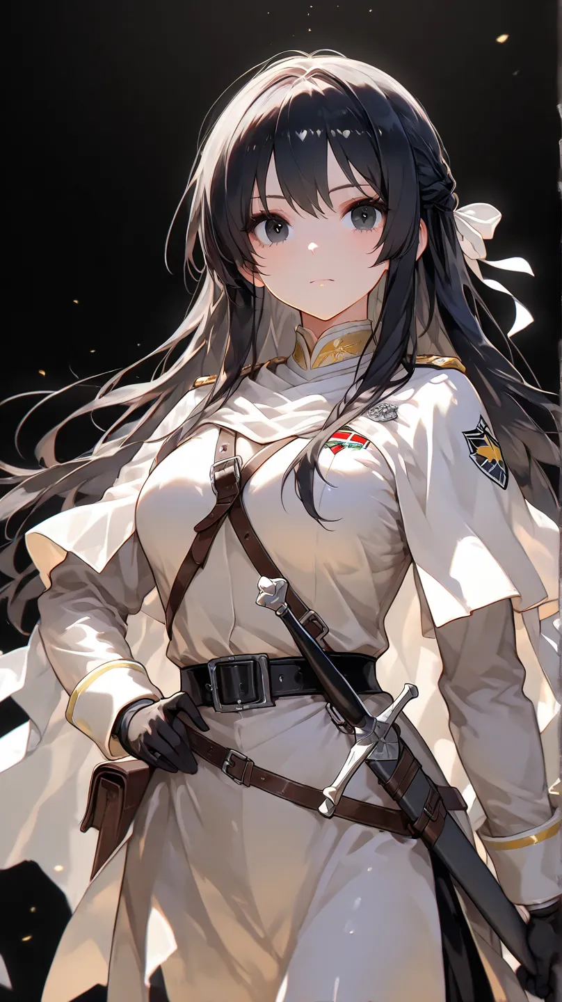  an HD scene of a female 40 year old with long black hair and a white ribbon on her hair and black eyes wearing medieval fantasy white military uniform and holding a large grey sword, black background, high detail, high quality, best quality, 8k, masterpie...