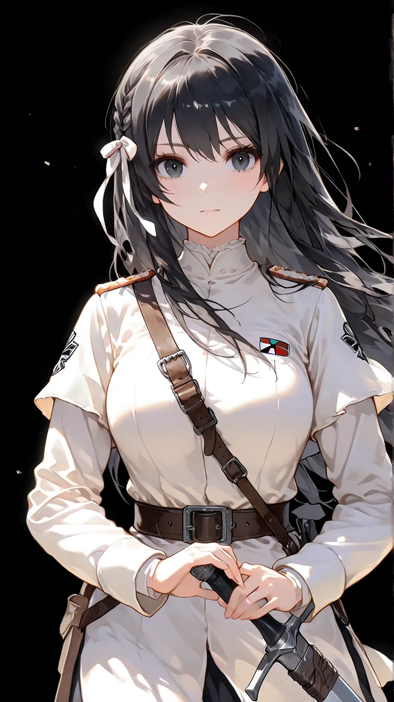  an HD scene of a female 40 year old with long black hair and a white ribbon on her hair and black eyes wearing medieval fantasy white military uniform and holding a large grey sword, black background, high detail, high quality, best quality, 8k, masterpie...