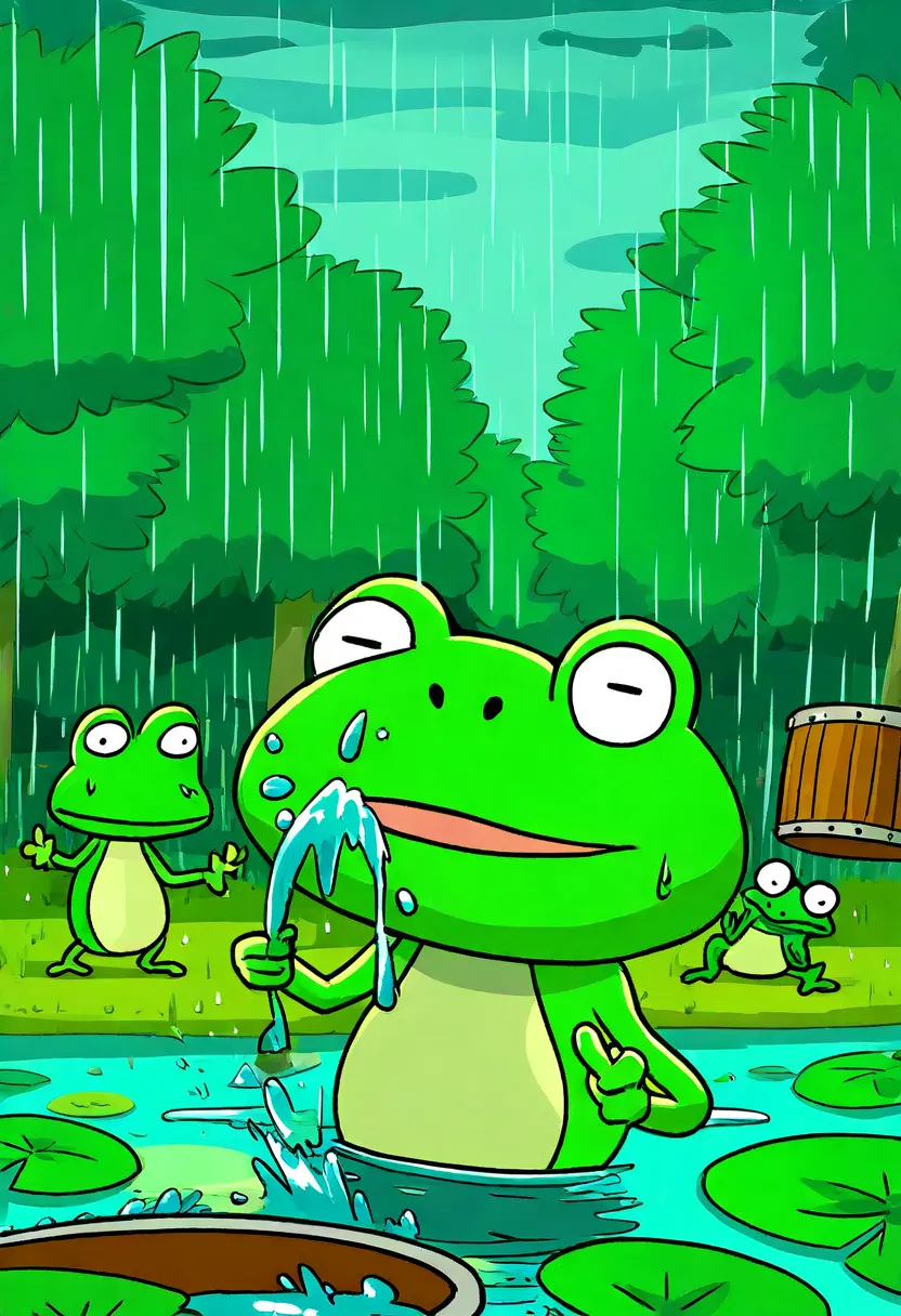 A group of small, cartoonish frogs performing a rain ritual, enthusiastically beating tiny traditional drums while chanting 'Let it rain!' The scene is set in a lush, green forest clearing. Suddenly, an extreme downpour begins, with water pouring from the ...