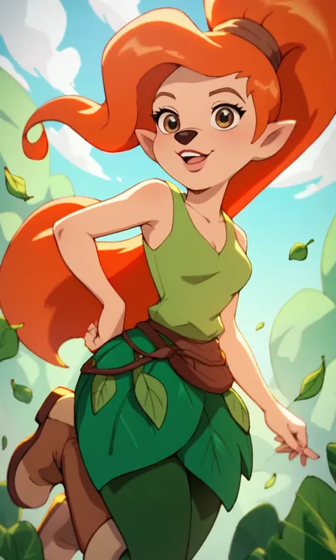 Edyn, 1girl, furry female, orange hair, long hair, ponytail, brown eyes,Green pantyhose, pointy ears, virgin tank top, leaf skirt boots Disney dogs 