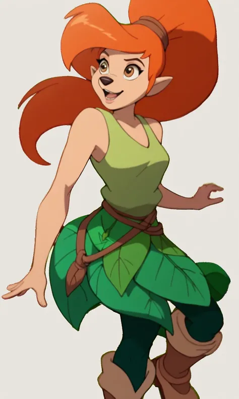 Edyn, 1girl, furry female, orange hair, long hair, ponytail, brown eyes,Green pantyhose, pointy ears, virgin tank top, leaf skirt boots Disney dogs 