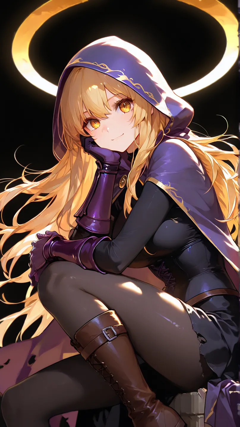  an HD scene female 30 year old with long blond hair and gold eyes wearing medieval purple gauntlets and boots and a black shirt with a purple hood over her face and a long purple ripped cape with a psycho smile, black background, high detail, high quality...