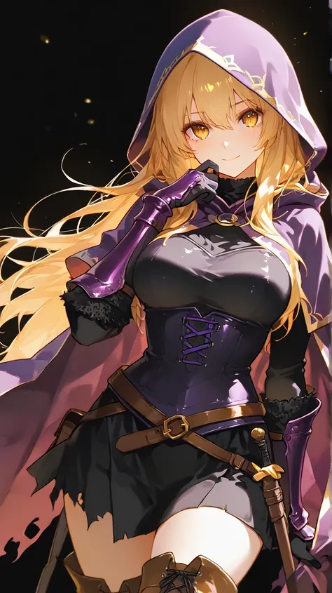  an HD scene female 30 year old with long blond hair and gold eyes wearing medieval purple gauntlets and boots and a black shirt with a purple hood over her face and a long purple ripped cape with a psycho smile, black background, high detail, high quality...