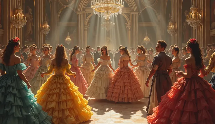 A drawing using renaissance art style men and women, royal attire, of many debutantes dancing in a large ballroom. Please include frilly dresses, colors and be inspired by renaissance artworks. hyperrealistic, 32K UHD, warm tone