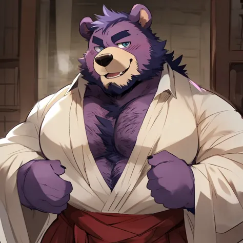 bear, furry, purple fur, handsome, very muscular, very big, extremely hot and sexy, beard, hair, chest hair, charming eyes, solo, male, happy expression, daddy, full body, big body, golden medieval clothes, middle aged, by hyaku, by darkgem, by glitter tra...