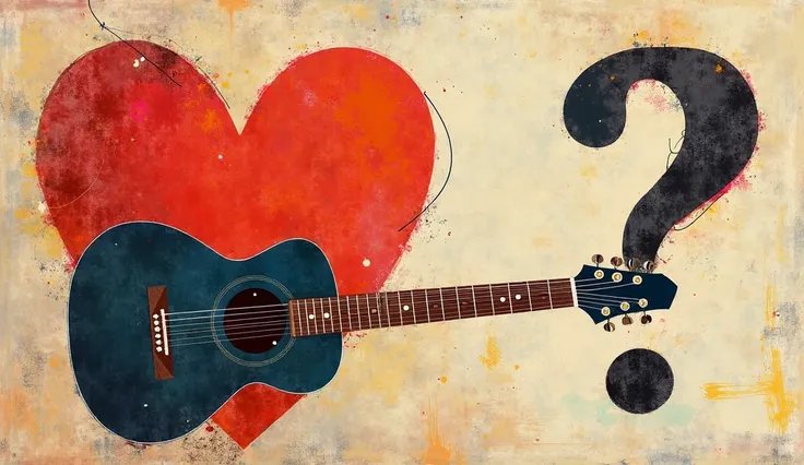 Abstract art of a guitar ,  a heart and a question mark.