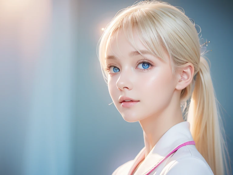 One Extraordinary White Beautiful Girl、 pink school uniform、 bright expression 、blonde ponytail、Young, moisturized, white and shiny skin、The most perfect and beautiful young look、Blonde hair reflects light、Very beautiful platinum blonde hair shines brightl...