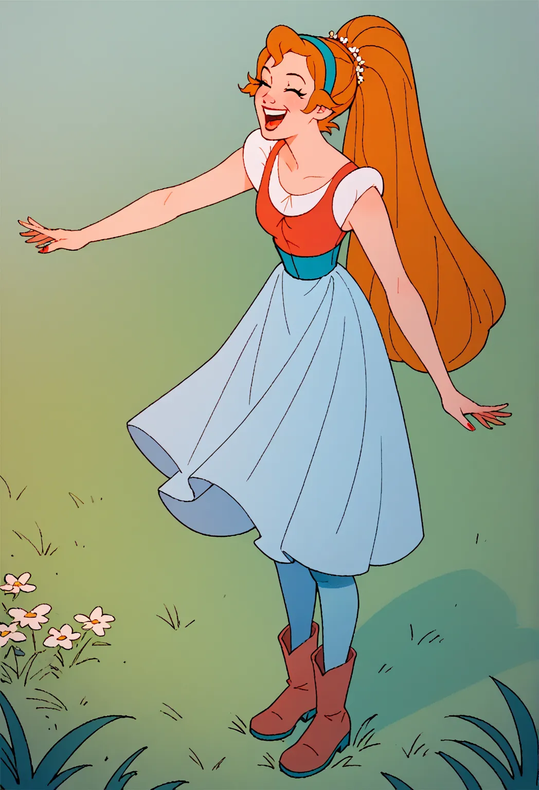 score_9, score_8_up, score_7_up, 1 girl, solo, thumbelina, long hair, ponytail, red sleeveless tunic, hairband, standing, grass, happy smilling blue tights red boots 