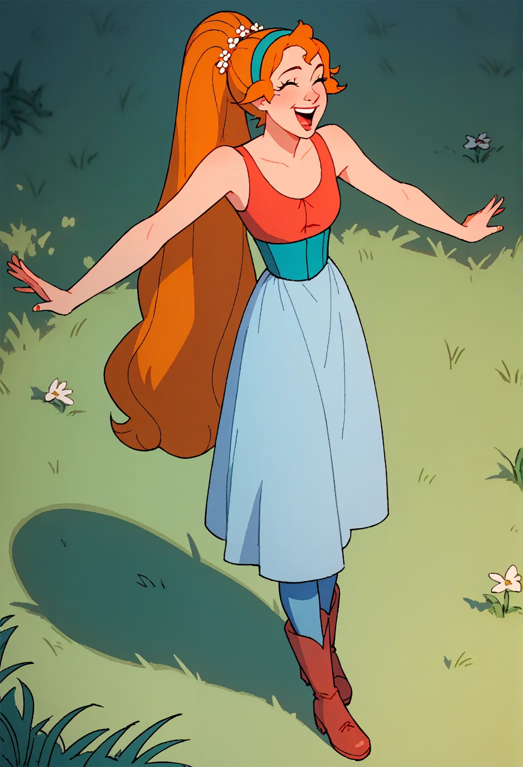 score_9, score_8_up, score_7_up, 1 girl, solo, thumbelina, long hair, ponytail, red sleeveless tunic, hairband, standing, grass, happy smilling blue tights red boots 