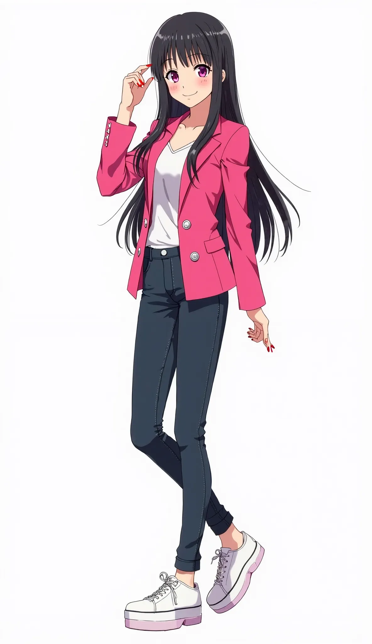 Japanese anime age woman with long straight black hair and intense magenta eyes and red nails and wears a bright pink double-button blazer, a white blouse and tight dark jeans. She wears white platform sneakers. And white background and full body and expre...