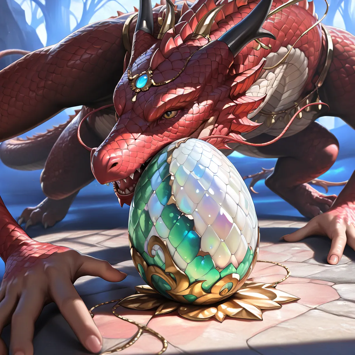 (best quality,4k,8k,highres,masterpiece:1.2),ultra-detailed,(realistic,photorealistic,photo-realistic:1.37),intricate dragon egg,glowing blue and red dragon egg,highly detailed scales,shimmering crystalline shell,iridescent surface,organic textures,natural...