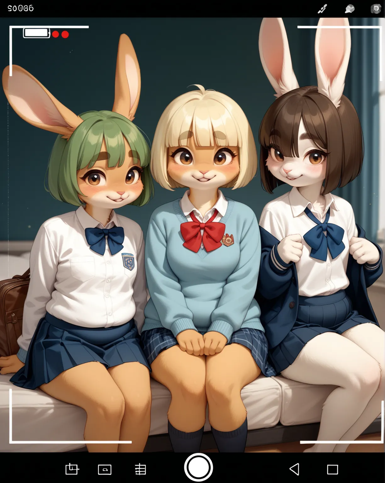 (furry rabbit:0.8), girl , skinny , bob cut , beautiful hair over the eyes , Long eyelashes , Thick eyebrows , Double eyelids , Overbite , Sloping shoulders
, school uniform , jumper skirt
, bold pose , coquettish , sexsymbol , lesbian
, sitting with knees...