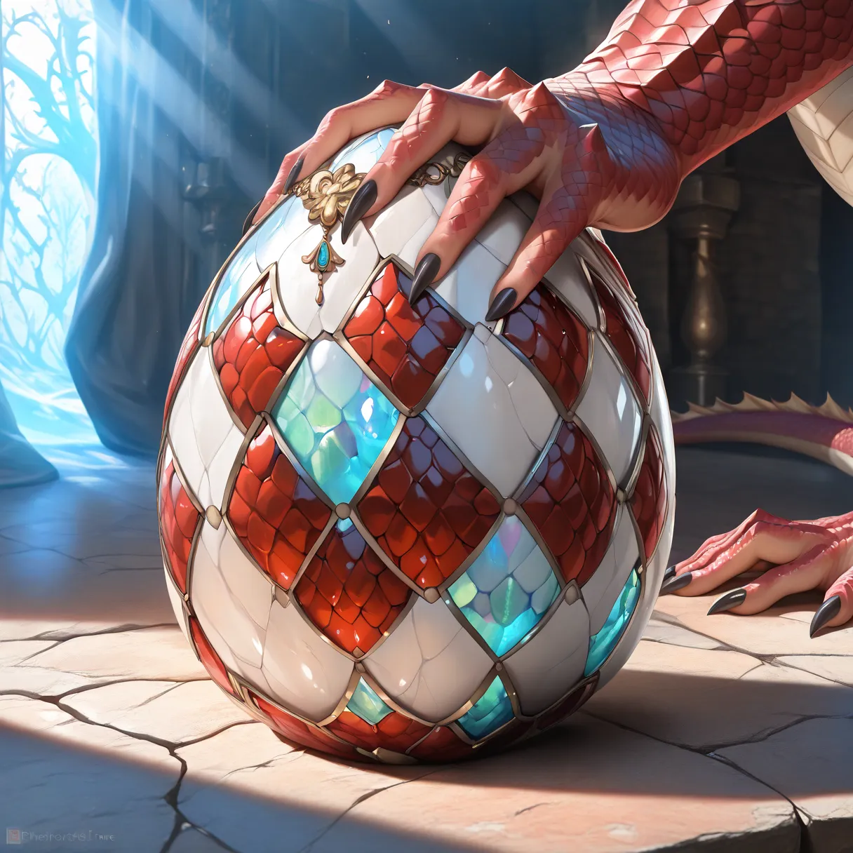 (best quality,4k,8k,highres,masterpiece:1.2),ultra-detailed,(realistic,photorealistic,photo-realistic:1.37),intricate dragon egg,glowing blue and red dragon egg,highly detailed scales,shimmering crystalline shell,iridescent surface,organic textures,natural...