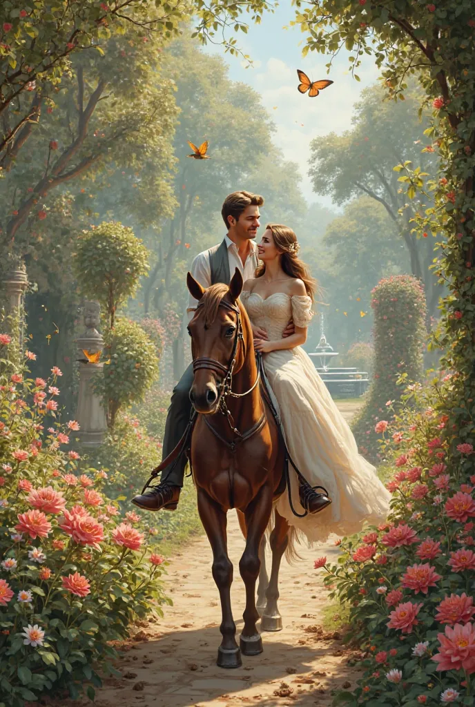 Je veux créer une image sur laquelle figure un homme et sa femme sur un cheval dans un jardin où chante les fleurs 