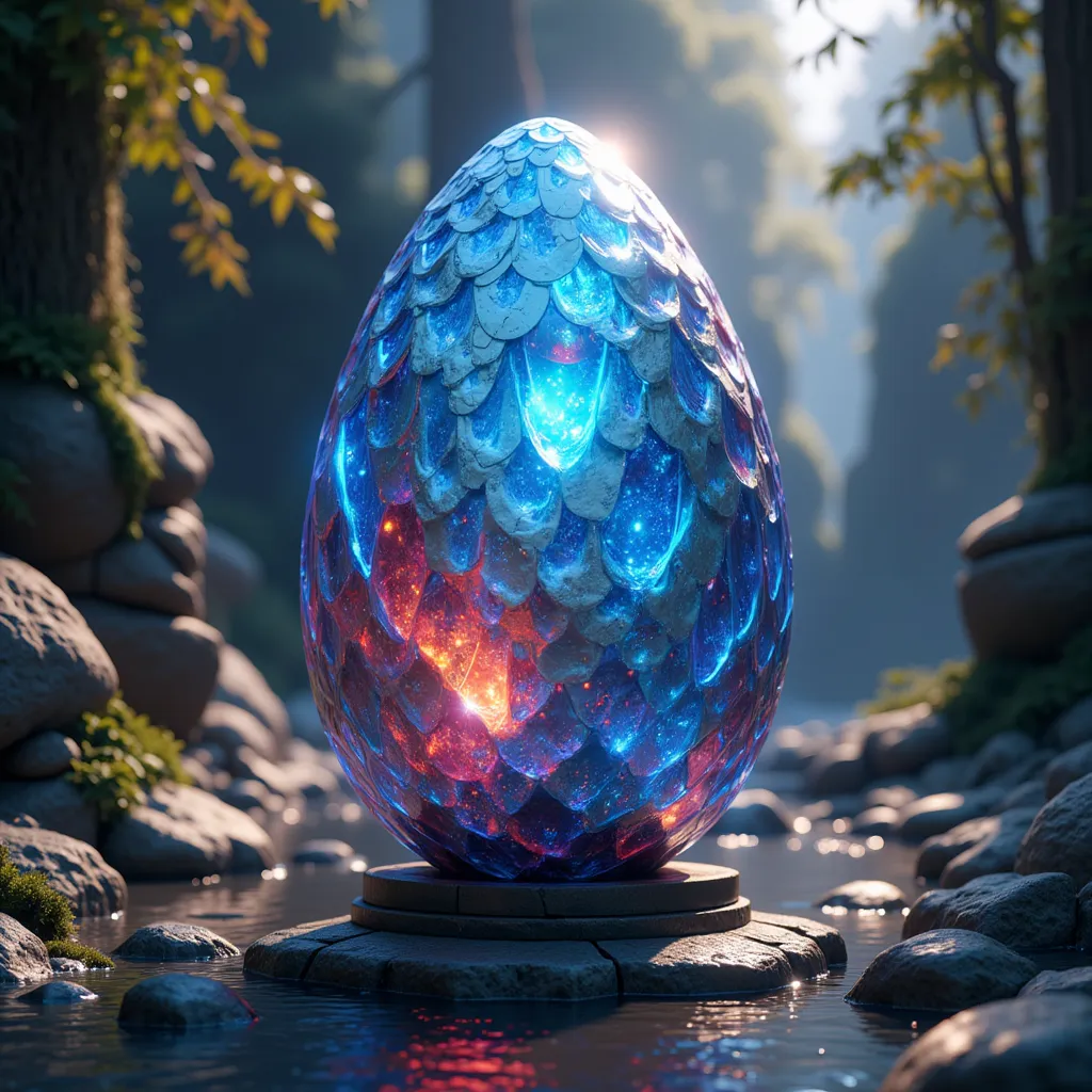 (best quality,4k,8k,highres,masterpiece:1.2),ultra-detailed,(realistic,photorealistic,photo-realistic:1.37),intricate dragon egg,glowing blue and red dragon egg,highly detailed scales,shimmering crystalline shell,iridescent surface,organic textures,natural...