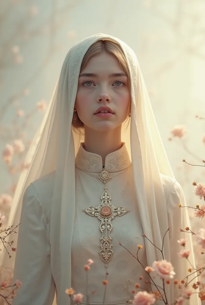 Live wallpaper for Tiktok 
Orthodox,  girl, young woman,  soft facial features, veil, Rosen, high neck dress, Cross 
