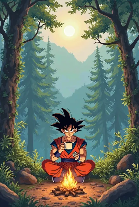 Scene depicting Goku sitting beside a fire in the Kashmir forest enjoying a morning tea as the sunrise illuminates the tranquil surroundings with a sense of peace and warmth.