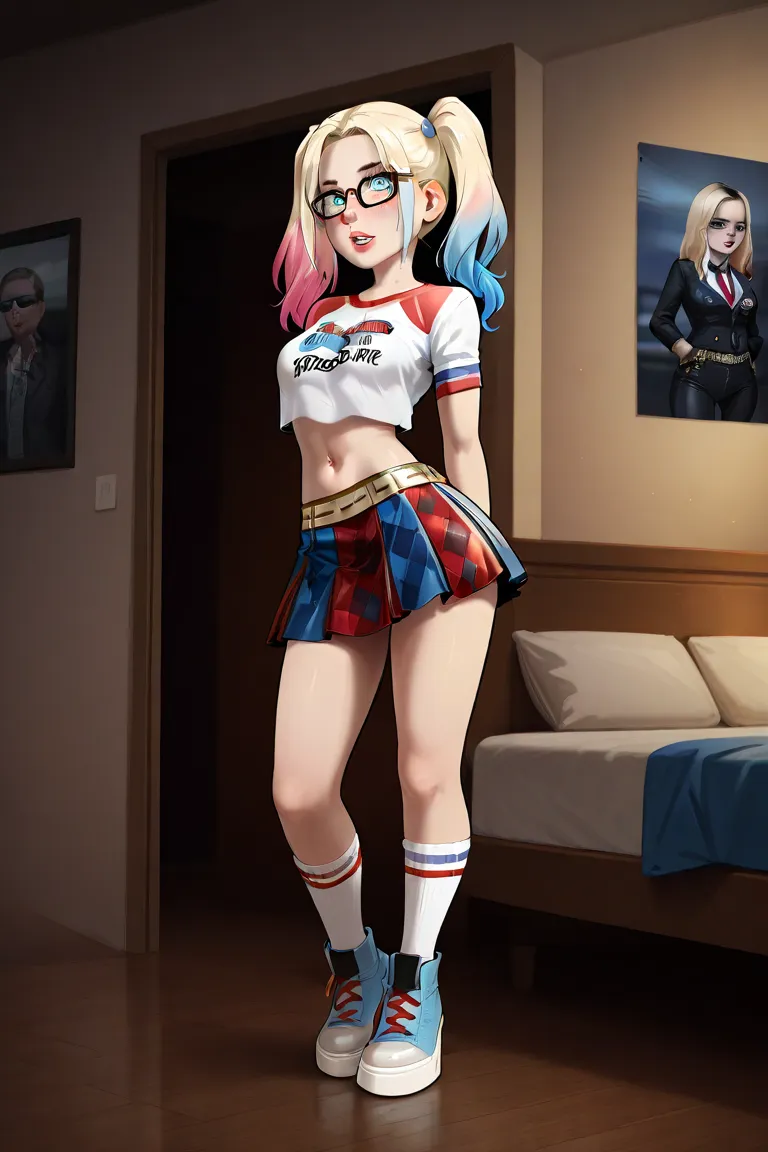  high school , Ultra realism,  realistic face , Harley Quinn from Suicide Squad, Photorealistic, beautiful sexy - from russian school, thin, long blond hair, blue eyes run her, good bottom, good bottom,  big red lips , dressed like a whore,  tiny short blu...