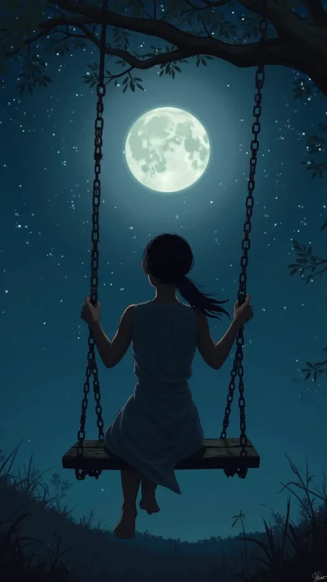 night scene, with a full moon while seeing a young woman with long black hair wrapped in a ponytail, while swinging on a swing, turned with her back