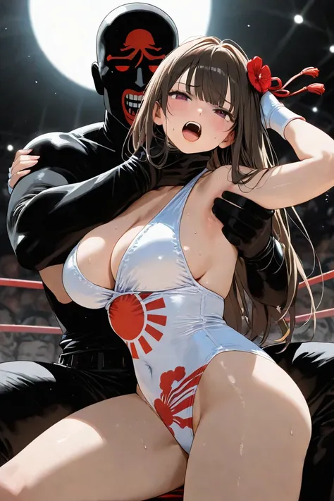 Beautiful Japanese female wrestler, sexy white costume of rising sun flag,she killed by shadow man screaming, being choked by shadow man