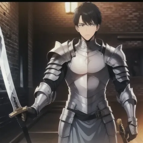  a young knight with short black hair ,   black eyes , male and virile ,  wearing combat armor ,  ready for battle inside a dungeon full of monsters around him,  holding a fine-bladed sword ,  courageous and stately , protagonist