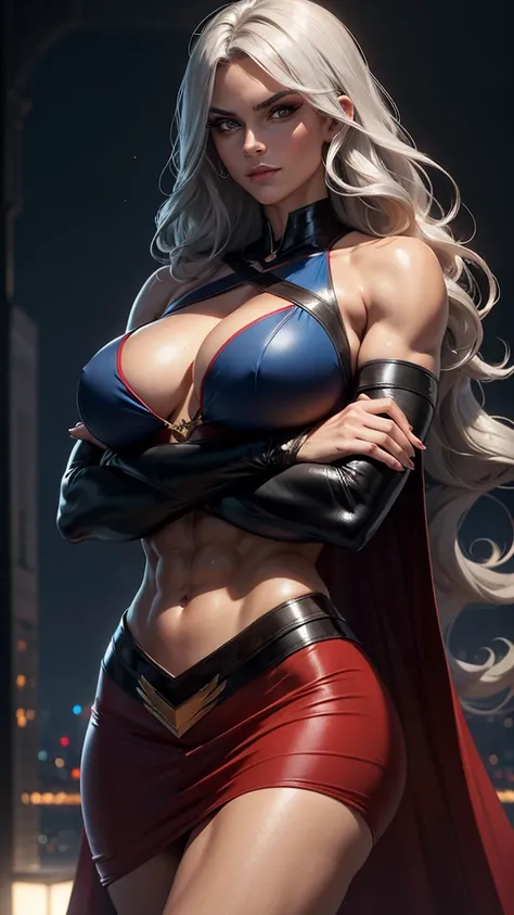 A gorgeous and stunning, ((superheroine)), smirking, smiling, dominant, challenging demeanor, smug, teasing, tall, statuesque, imposing, towering, biceps, triceps, ((eight pack abs, extremely defined abs)), ((((crossed arms pose)))), ((black red blue costu...