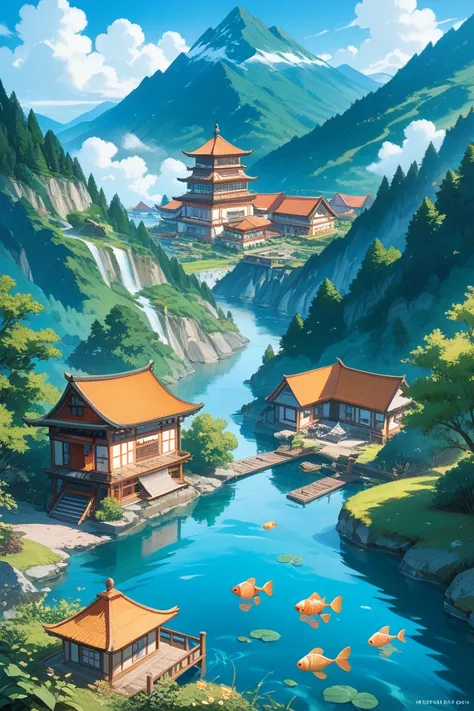 "A group of Japanese ren playing in a clear, shallow river in the countryside during summer. One boy is catching fish with a small net, while another is jumping into the water from a large rock. Lush green mountains, traditional thatched-roof houses, and a...