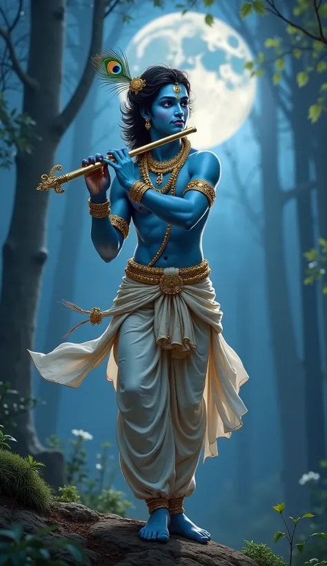 "A hyper-realistic digital painting of Lord Krishna standing under the moonlit sky, playing the flute. His serene expression radiates divine bliss. His blue skin glows softly in the moonlight, highlighting cute and beautiful facial features. He is adorned ...