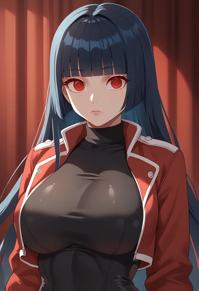 masterpiece, best quality, 1girl,( solo:1.1), frlgsab, dark blue hair, hime cut, blunt bangs, very long hair, red eyes, bodysuit under clothes, black bodysuit, red jacket, cropped jacket, turtleneck, (upper body:1.3), face closeup, white gloves, large brea...