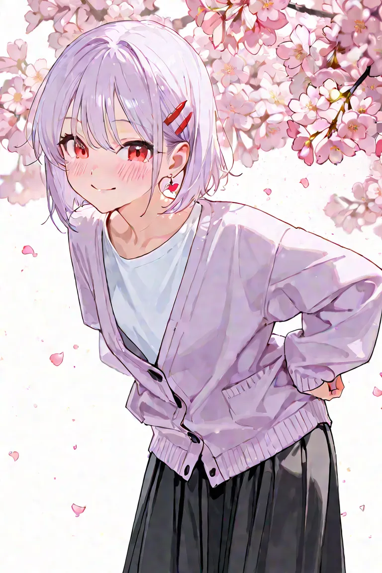 Oriental character Remilia Scarlet、 hairstyle is short bob、I'm wearing a white plain long t-shirt、I'm wearing a light purple cardigan over it、she's wearing a long black skirt、Confession scene、I'm looking straight at me from the front、Very blushing、smile、sh...