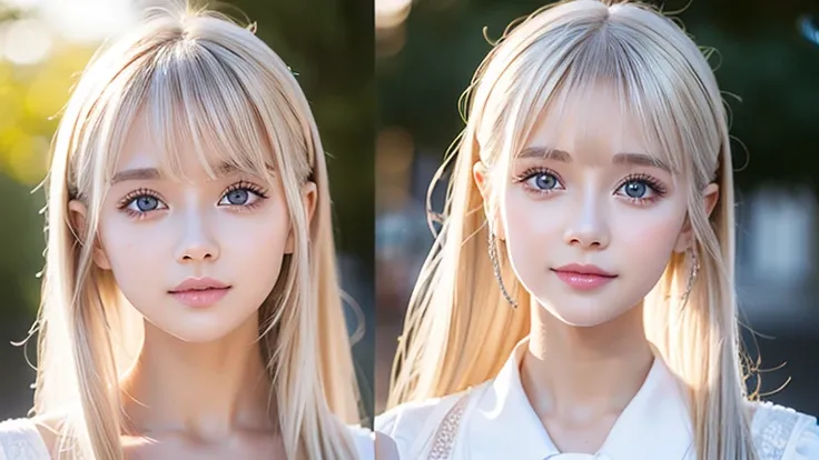 One Extraordinary White Beautiful Girl、 pink school uniform、blonde ponytail、Young, moisturized, white and shiny skin、The most perfect and beautiful young look、Blonde hair reflects light、Very beautiful platinum blonde hair shines brightly、 shiny bright hair...