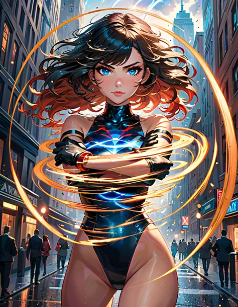 (masterpiece), (best quality), (high res), anime girl in a ((red and black suit)) standing on a city street, beautiful detailed eyes, beautiful detailed face, cute face, perfect hands, complete fingers, perfect anatomy, perfect proportions, extremely detai...