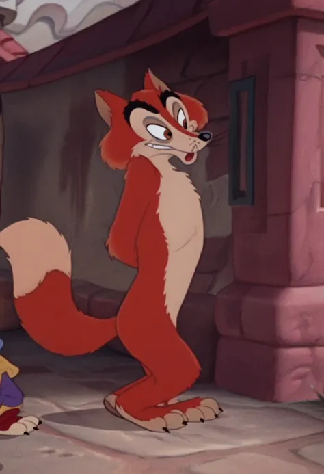 background, detailed fur, detailed face, Honest John, Honest John Foulfellow, Disney, furry male, male fox, anthropomorphic fox, cartoon fox, animal focus, disney, fox ears, fox tail, tan feet, claws, beige markings, beige face, detailed eyelids, brown eye...