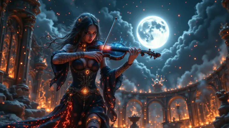 "Under the full moon light 、 spectacular scene where a devil woman plays a rock violin .  she stands confidently on a cliff ,  Her hair is fluttering in the wind .  and she wears a gothic costume with metal decorations , Includes a corset ,  leather boots,...